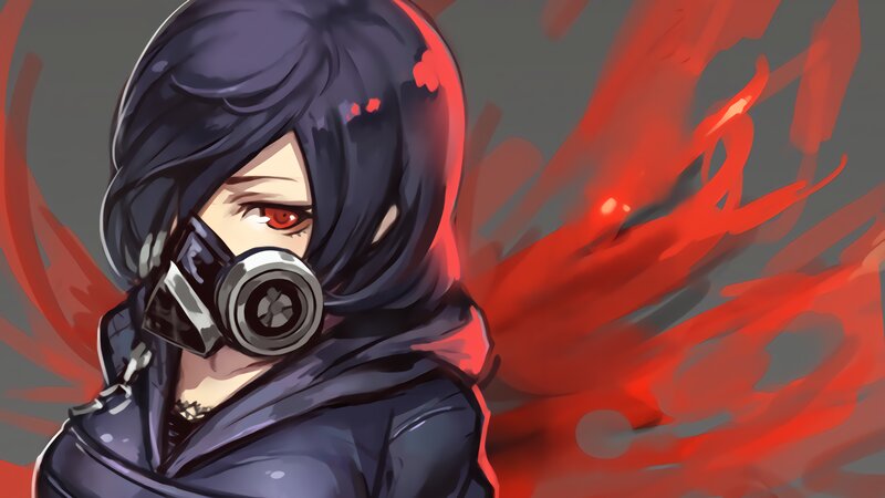 Anime Character with Gas Mask — Black, Dramatic, Digital Art