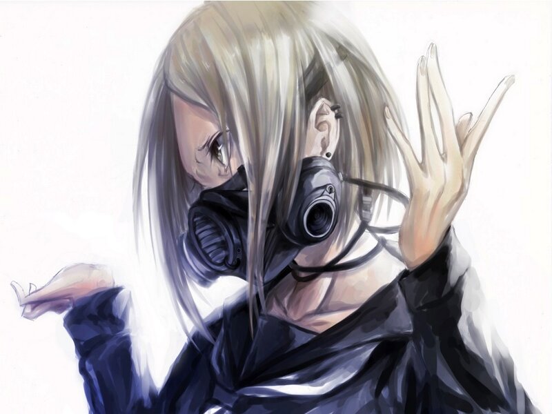 Anime Character with Gas Mask — Black, Dramatic