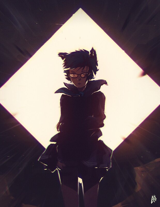 Anime Character with Glasses — Black, Dramatic, Digital Art, Cat Ears