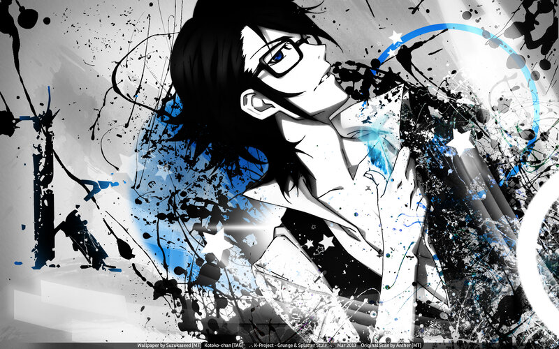 Anime Character with Glasses — Black, Dramatic, Digital Art, Splatter Art