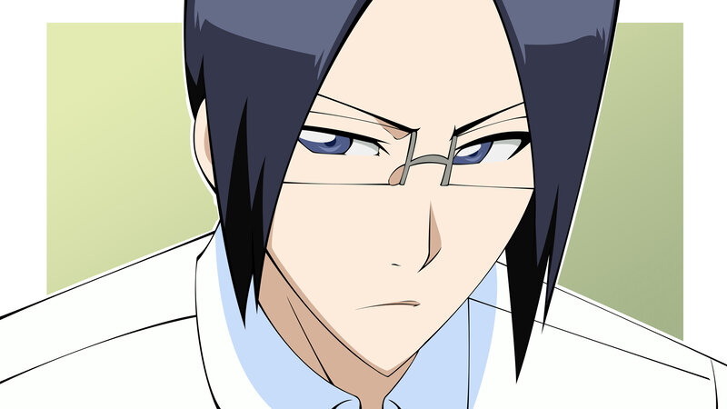 Anime Character with Glasses — Black, Serious, Blue Eyes