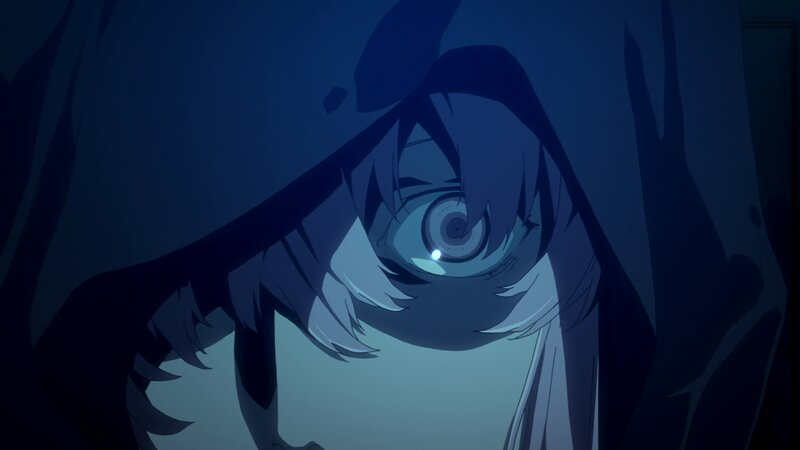 Anime Character with Glowing Eye — Blue, Dramatic, Night, Hood