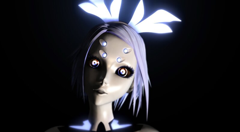 Anime Character with Glowing Eyes — Black, Dramatic, 3d Render