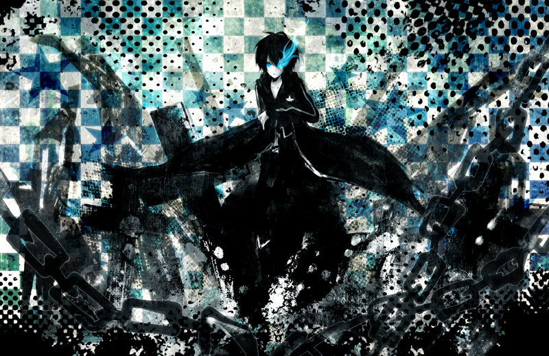 Anime Character with Glowing Eyes — Black, Dramatic, Digital Art, Chains, Checkered Background