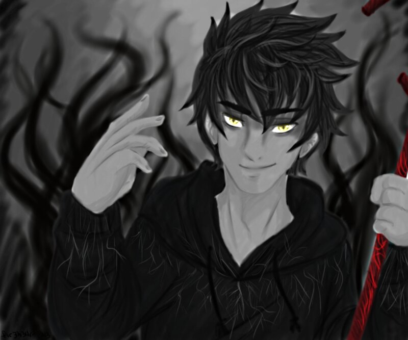 Anime Character with Glowing Eyes — Black, Dramatic, Digital Art, Dark Tendrils