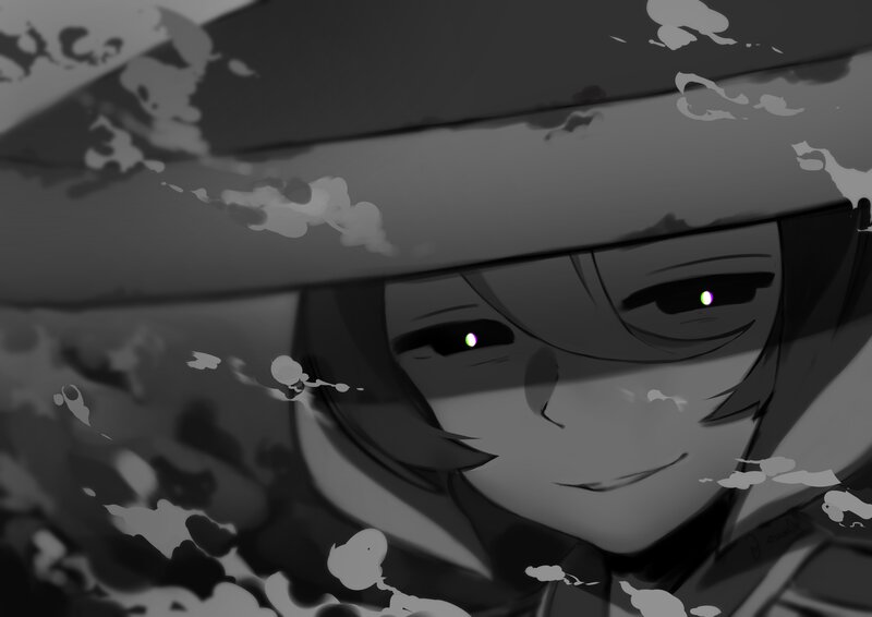 Anime Character with Glowing Eyes — Black, Dramatic, Digital Art, Hat