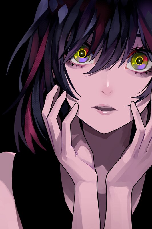Anime Character with Glowing Eyes — Black, Dramatic, Hands