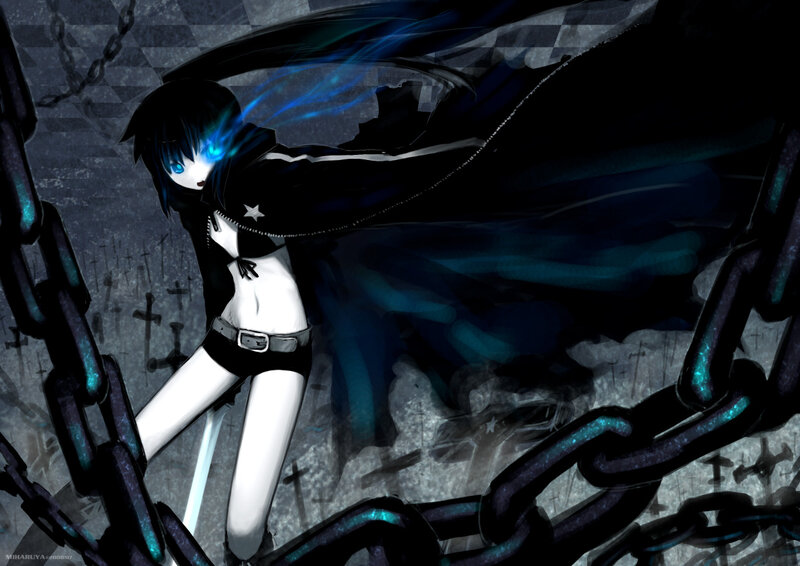 Anime Character with Glowing Eyes — Black, Dramatic, Night, Digital Art, Chains