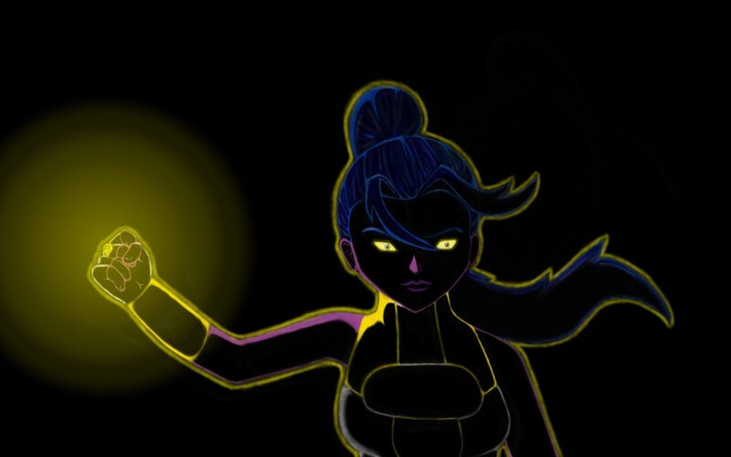 Anime Character with Glowing Eyes — Black, Dramatic, Night, Digital Art, Glowing Fist