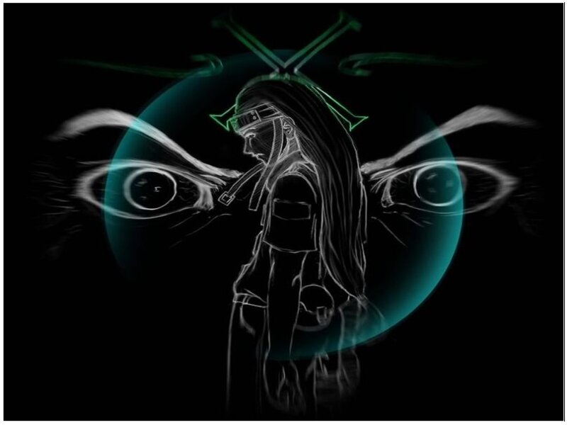 Anime Character with Glowing Eyes — Black, Dramatic, Night, Digital Art, Glowing Lines