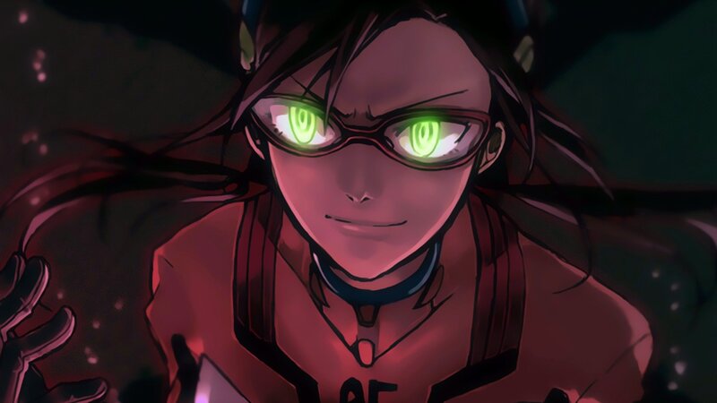 Anime Character with Glowing Eyes — Black, Dramatic, Night, Glasses