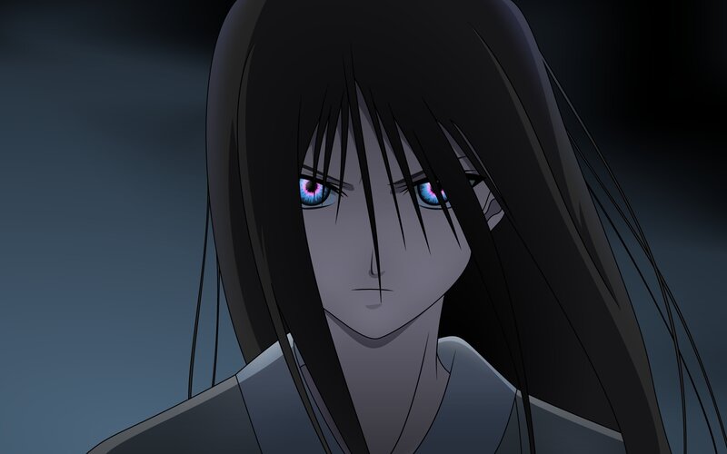 Anime Character with Glowing Eyes — Black, Dramatic, Night, Long Black Hair