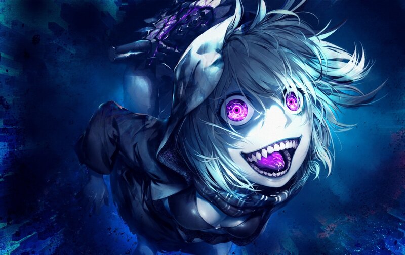 Anime Character with Glowing Eyes — Blue, Dramatic, Intense, Night, Digital Art, Glowing Purple Eyes
