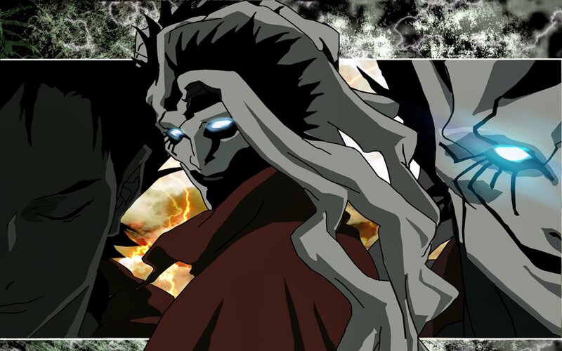 Anime Character with Glowing Eyes — Gray, Dramatic, Intense