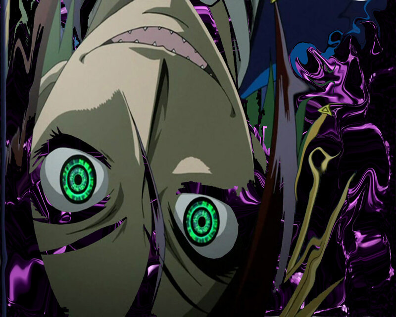anime character with glowing green eyes