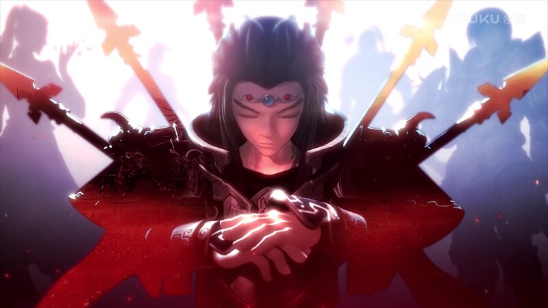 Anime Character with Glowing Hands — Red, Dramatic, Swords