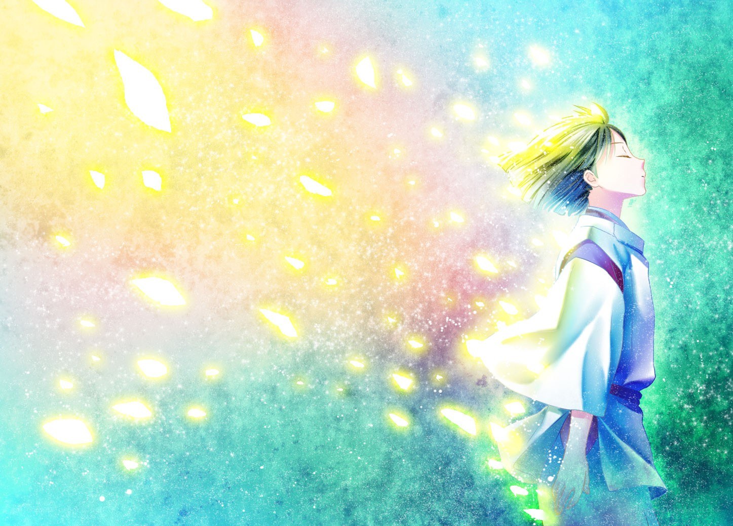 anime character with glowing leaves