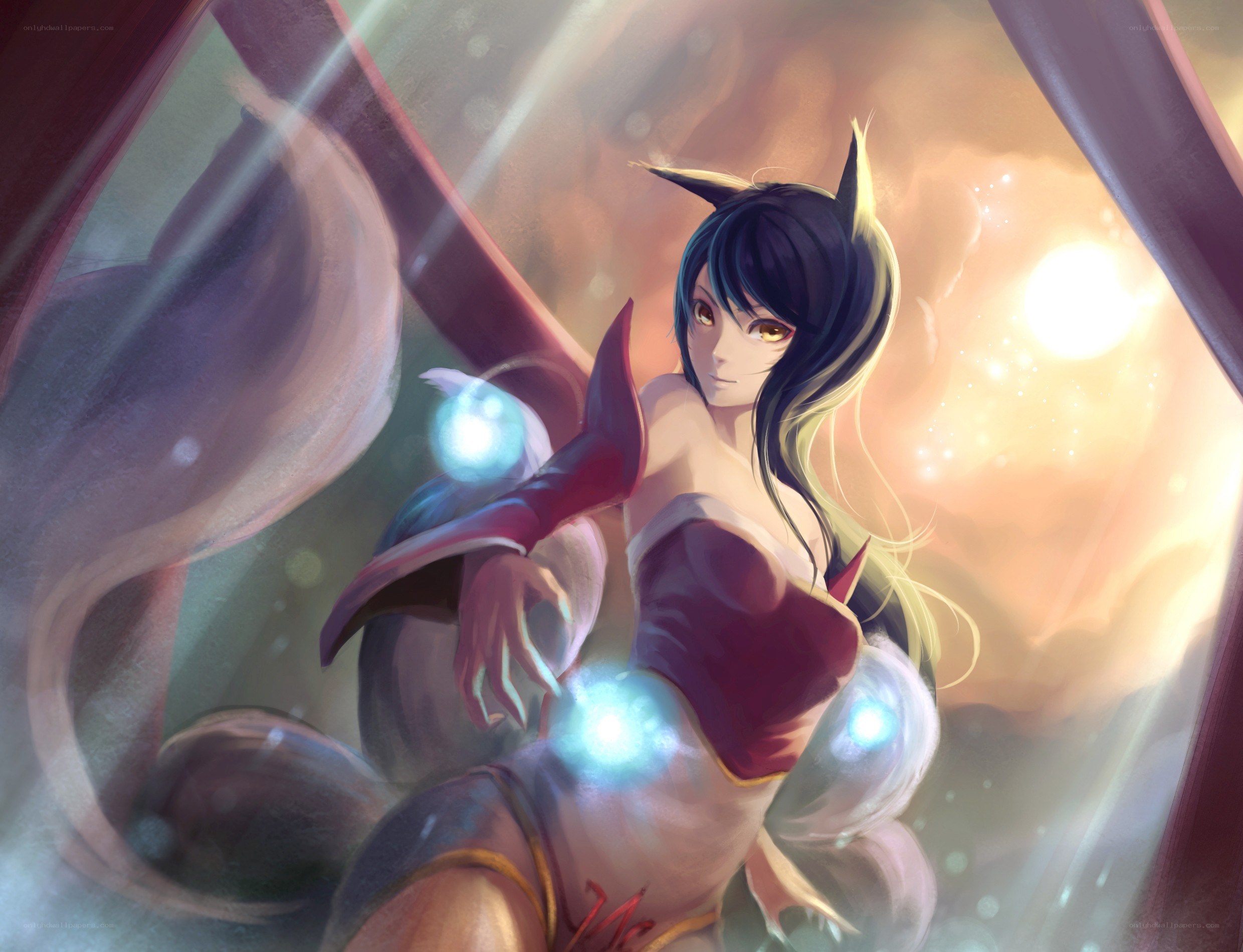anime character with glowing orbs