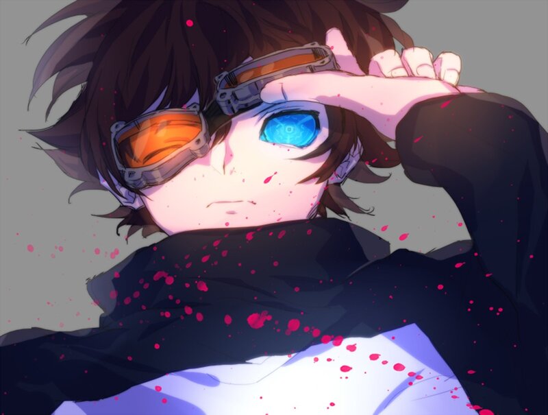 Anime Character with Goggles — Black, Dramatic, Digital Art, Blood Splatter
