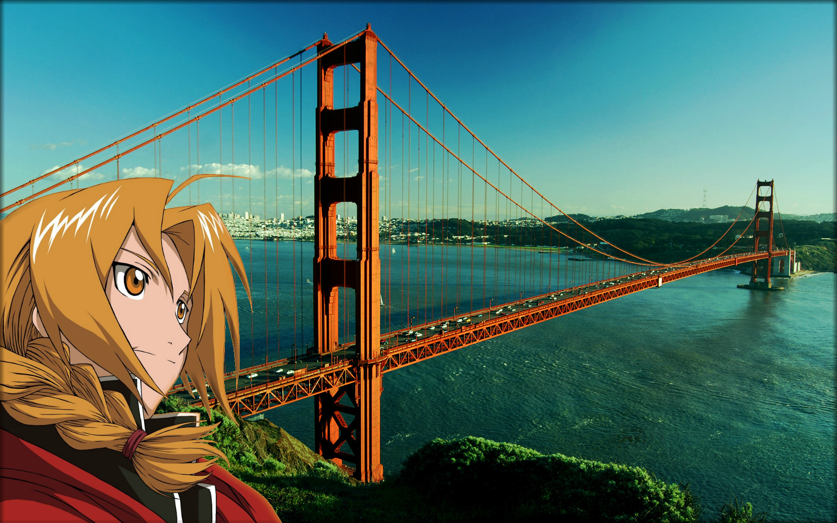 anime character with golden gate bridge