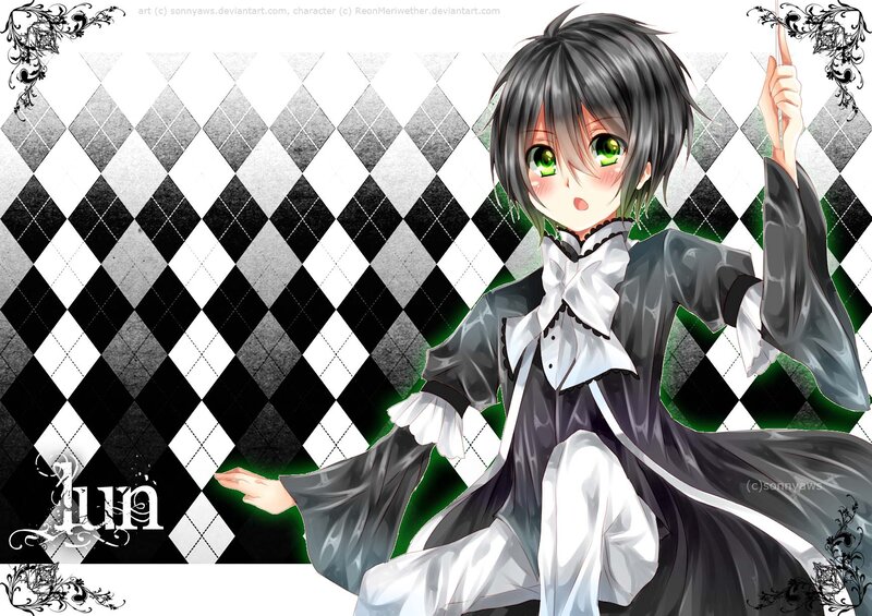 Anime Character with Green Eyes — Black, Dramatic, Digital Art, Checkered Background