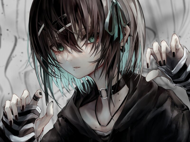 Anime Character with Green Eyes — Black, Dramatic, Digital Art, Green Hair