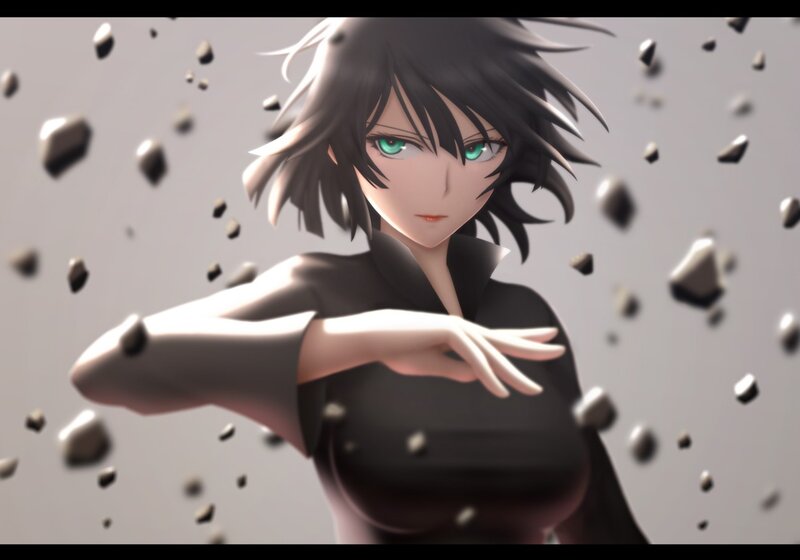 Anime Character with Green Eyes — Black, Dramatic, Digital Art, Rocks