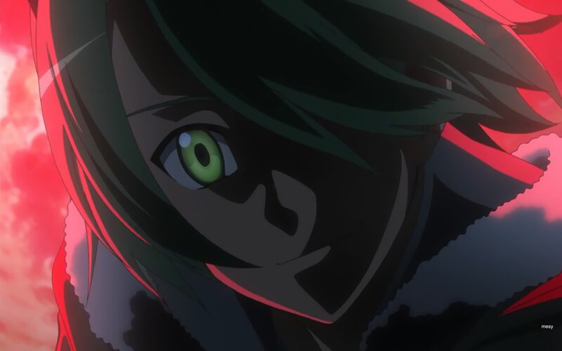 Anime Character with Green Eyes — Black, Dramatic, Sunset