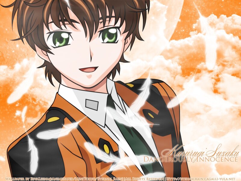 Anime Character with Green Eyes — Orange, Dramatic, Sunset, Feathers, Clouds