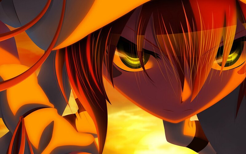 Anime Character with Green Eyes — Orange, Dramatic, Sunset, Hair