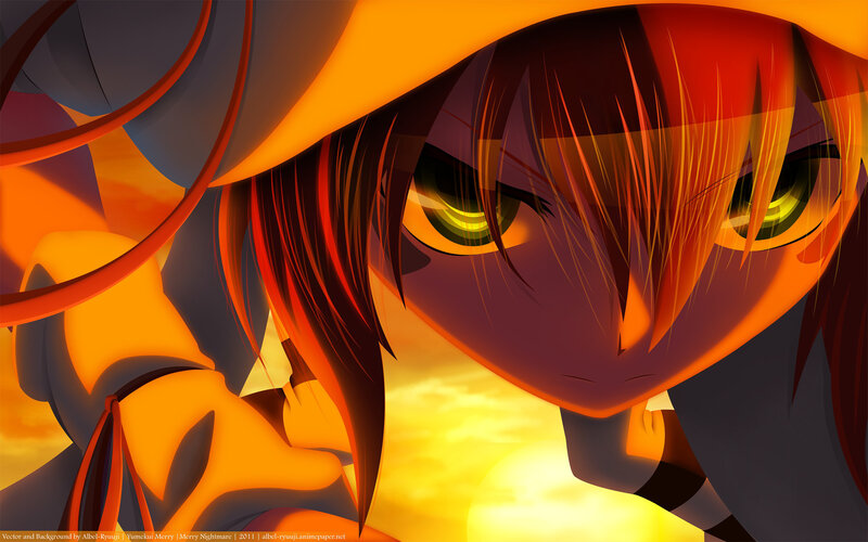 Anime Character with Green Eyes — Orange, Dramatic, Sunset, Hat