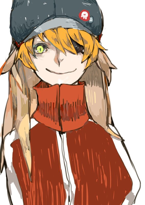 Anime Character with Green Eyes — Orange, Neutral, Digital Art, Cap