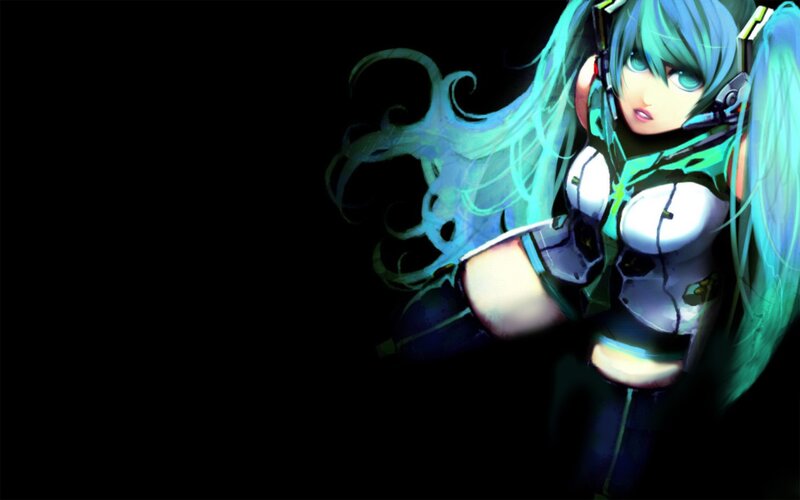Anime Character with Green Hair — Black, Dramatic, Digital Art, Headphones