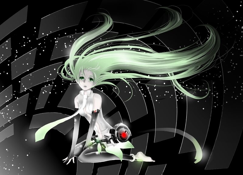 Anime Character with Green Hair — Black, Dramatic, Digital Art