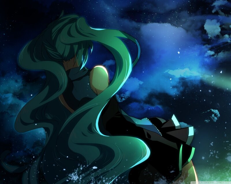 Anime Character with Green Hair — Blue, Dramatic, Night, Digital Art, Night Sky