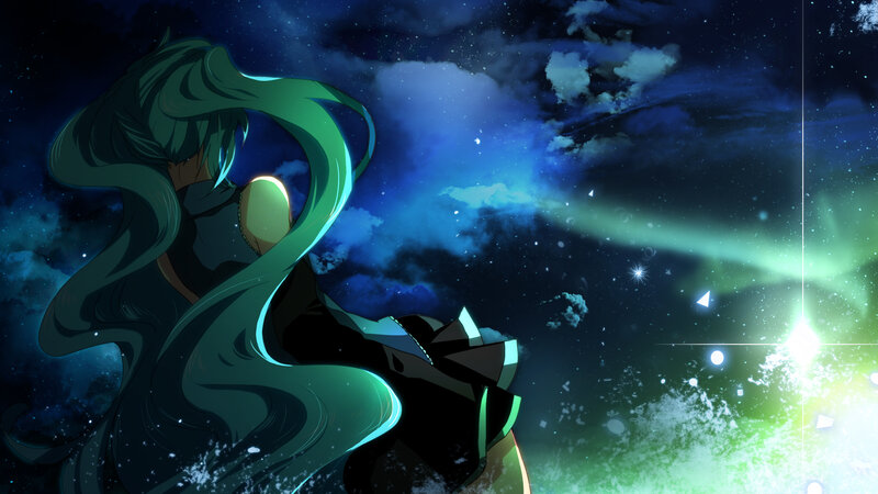 Anime Character with Green Hair — Blue, Dramatic, Night