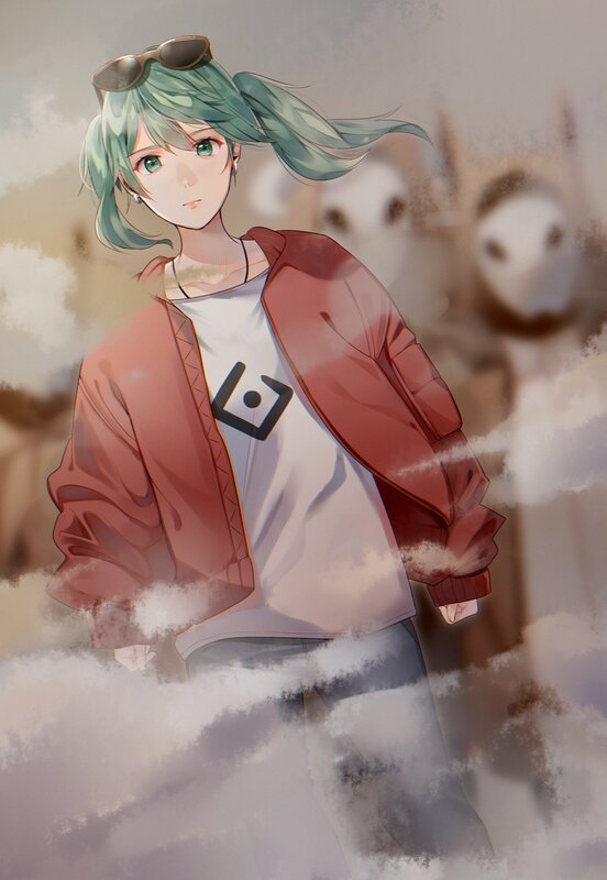 Anime Character with Green Hair — Calm, Digital Art, Sunglasses