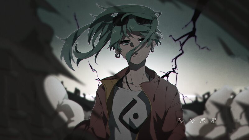 Anime Character with Green Hair — Dramatic, Cracked Ground