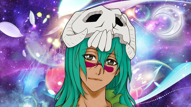 Anime Character with Green Hair — Dramatic, Skull Hat, Cosmic Background