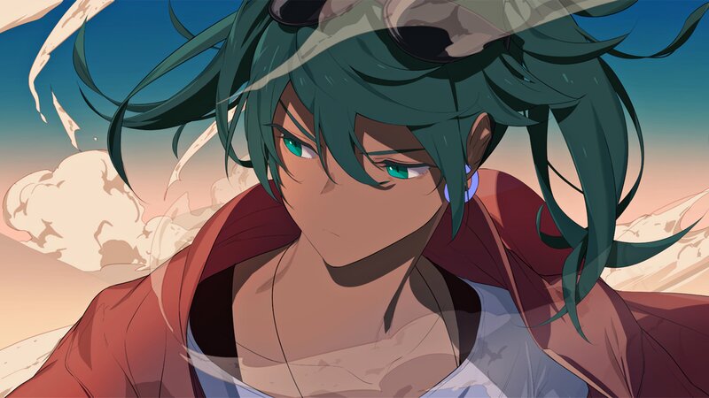 Anime Character with Green Hair — Dramatic, Sunset, Digital Art