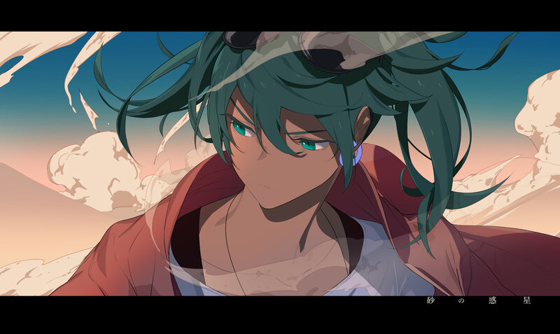 Anime Character with Green Hair — Dramatic, Sunset, Sunglasses