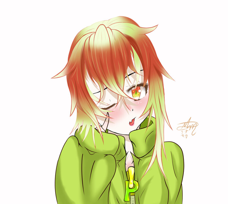 Anime Character with Green Hair — Playful, Digital Art, Green Hoodie
