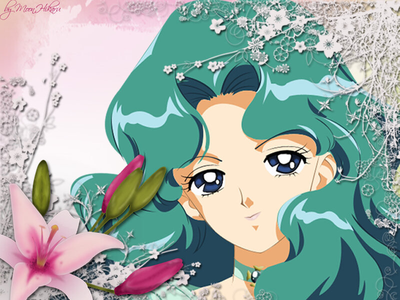 Anime Character with Green Hair — Serene, Flowers