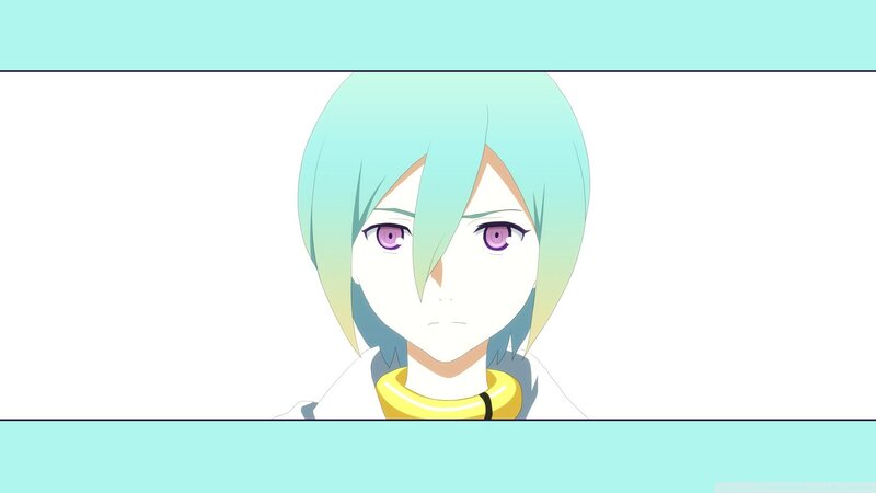 Anime Character with Green Hair — White, Neutral, Purple Eyes