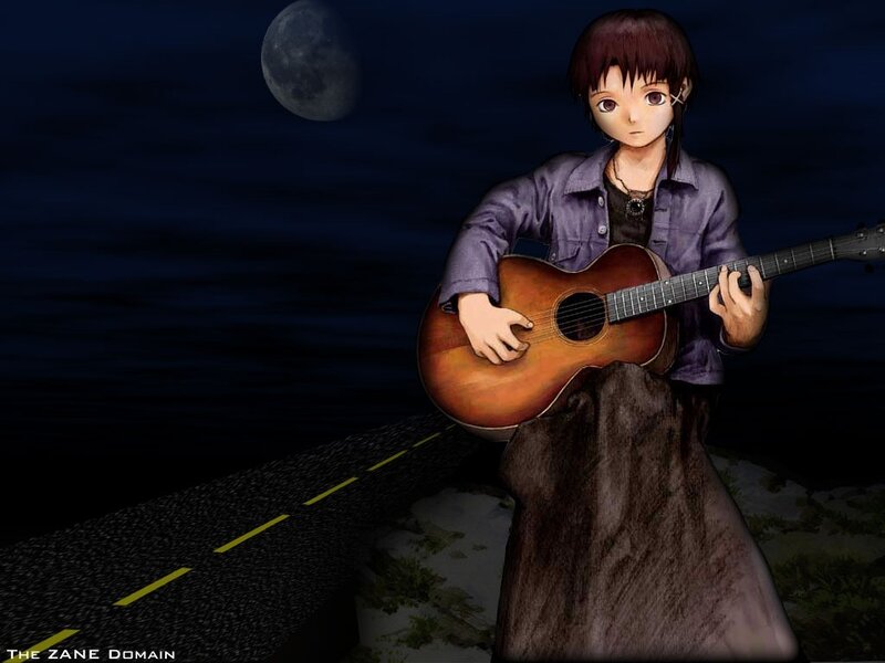 Anime character with guitar at night