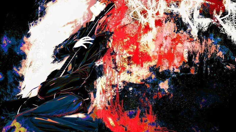 Anime Character with Guitar — Black, Dramatic, Digital Art, Red Splatter