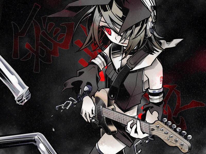 Anime Character with Guitar — Black, Dramatic, Manga, Headphones