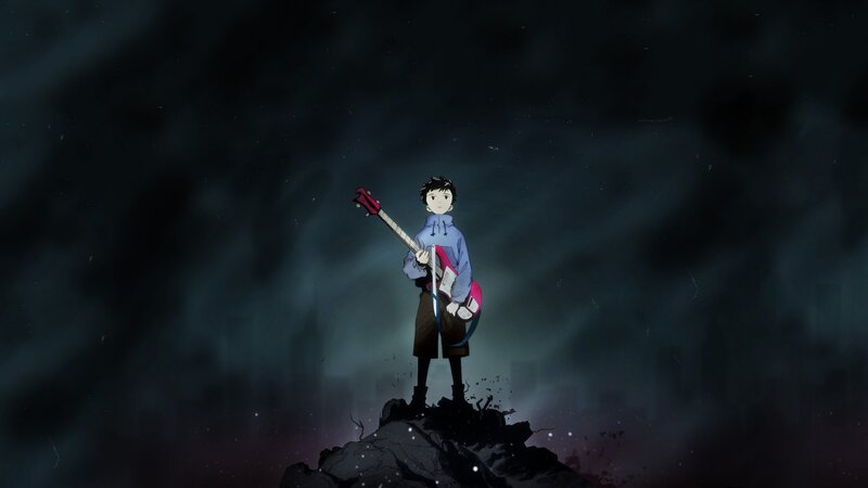 Anime Character with Guitar — Black, Dramatic, Night, Rock, Dark Sky