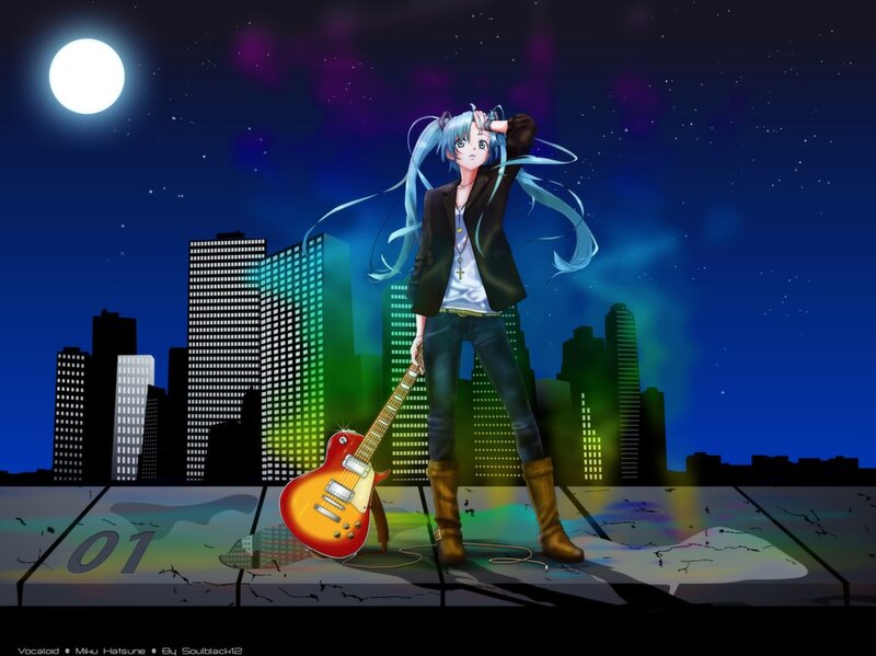 Anime Character with Guitar — Blue, Dramatic, Night, Digital Art, Cityscape