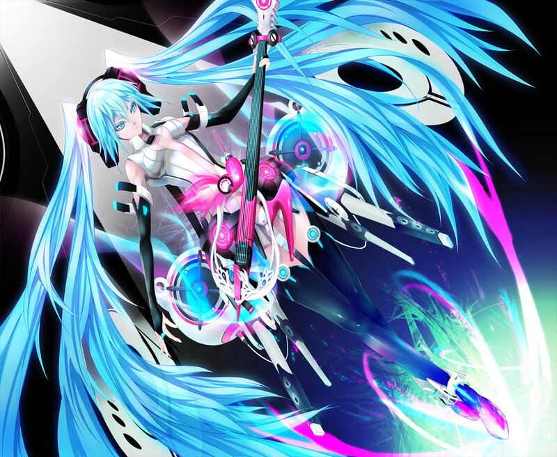 Anime Character with Guitar — Blue, Dynamic, Digital Art, Headphones